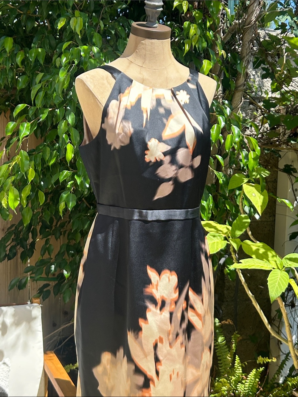 Elie Tahari Black Midi Dress with Peach Floral Print